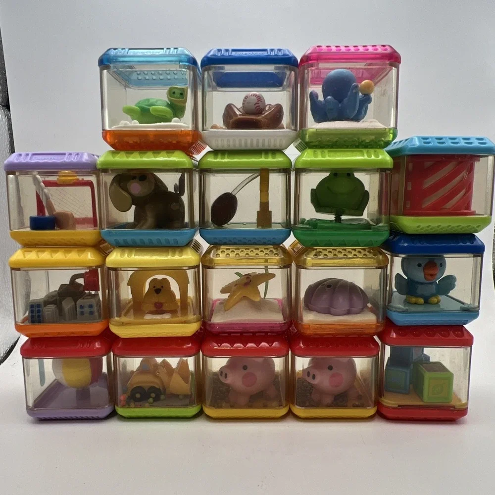 Lot of 18 Fisher Price Peek-A-Blocks Vintage Sensory Toy Stacking Animals Sports